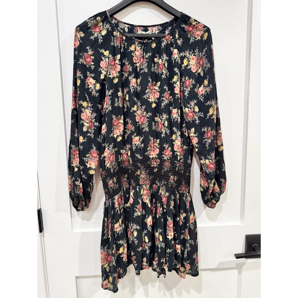 Denim Supply Ralph‎ Lauren Dress  L Large Black Floral Mini Smocked Boho Ruched